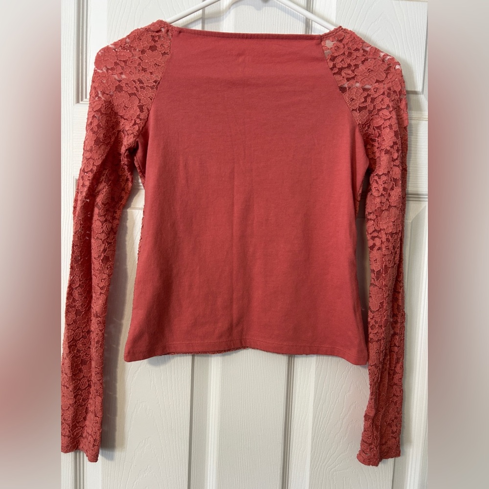 Abercrombie Kids Tween Girls Long Sleeve Square Neck Lace Top 11/12 Coral Peach - Picture 4 of 7